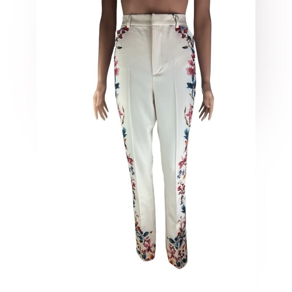 Zara Women Cream with Floral Sides Pants Size Medium New with Tags Blogger Fave